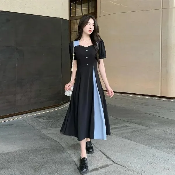 （现货）大码拼色赫本风法式方领连衣裙夏季收腰显瘦A字裙1298