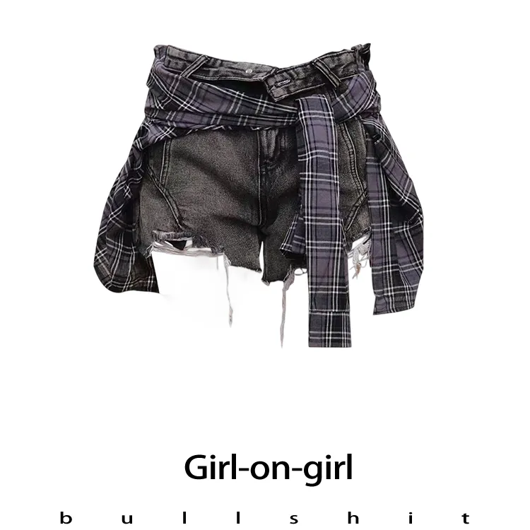 现货秒发！ 随身打结 假两件 翻腰头格纹拼接绑带叠穿牛仔短裤