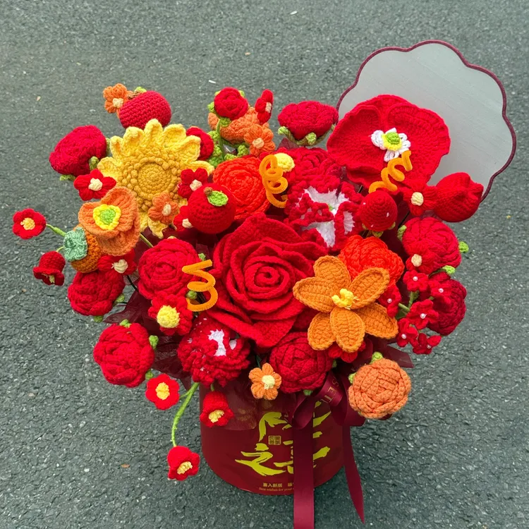 【乔迁之喜】红色手工毛线花束抱抱桶送开业乔迁搬家喜庆生日礼物