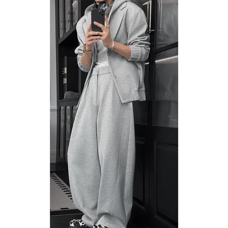 龙叨叨秋季新款潮流美式简约休闲连帽双领卫衣宽松垂感长裤套装