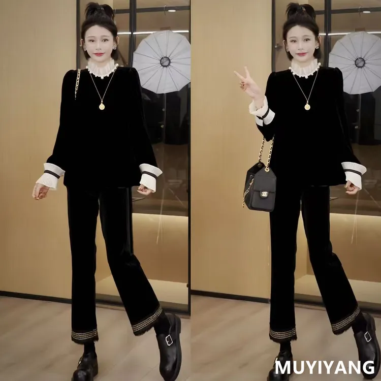 【青襟】小众高级感丝绒拼接蕾丝高定版打底衫 衣长70 25-647#