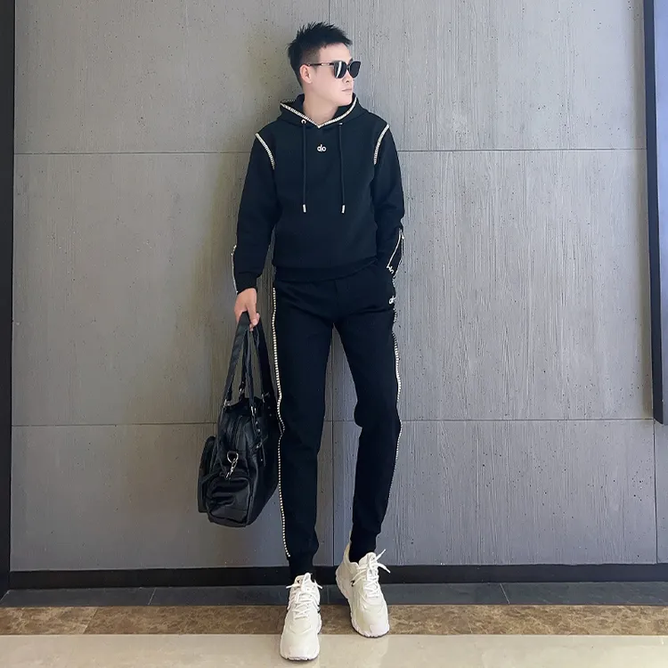 春秋新款男士休闲套装高级感时尚百搭拼接白条连帽卫衣卫裤两件套