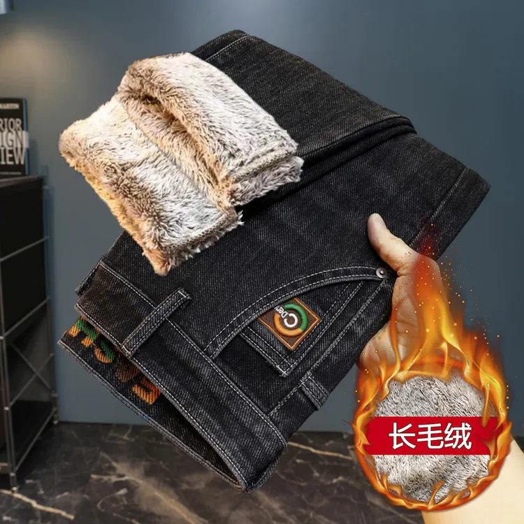 男士加绒裤子雪狐绒爆款2025新款潮流百搭刺绣抗寒亲肤保暖牛仔裤