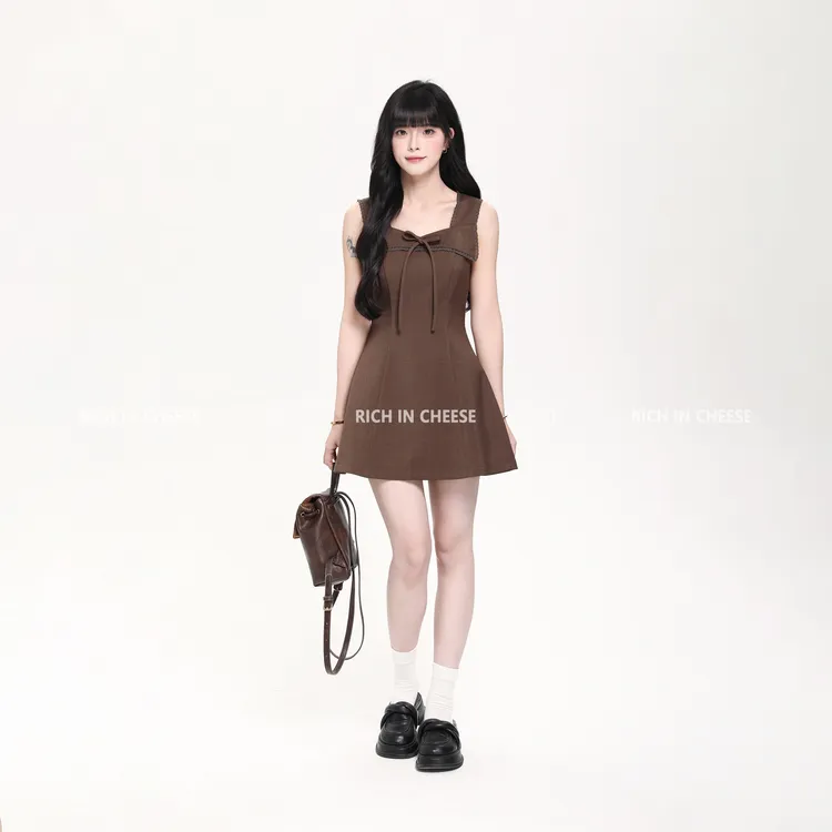 RICHINCHEESE 茶会浪漫 法式复古风蝴蝶结设计感简约背心连衣裙