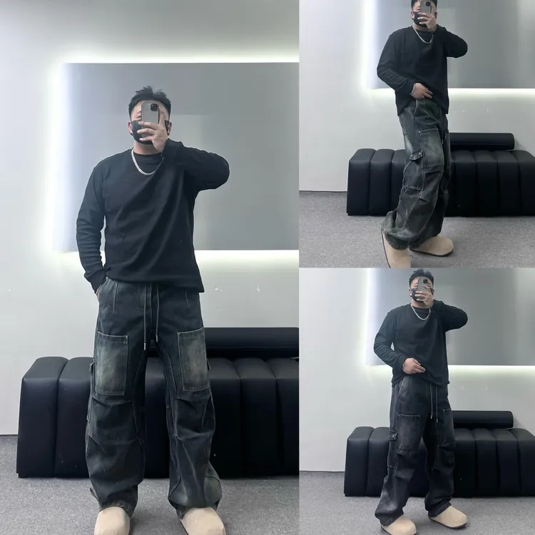 【巴家】重工水洗美式休闲工装风多口袋复古色牛仔裤直筒弯刀休闲裤