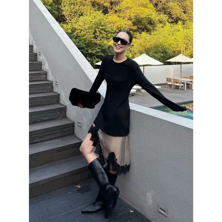 紫紫  动态优雅T裙     流光缎面蕾丝三季叠搭连衣裙ZD09LZHJ254