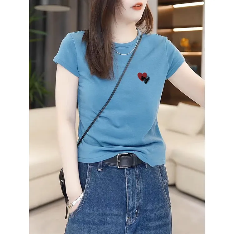 小众设计感正肩短袖t恤女2025新款时尚百搭修身显瘦蓝色上衣夏季