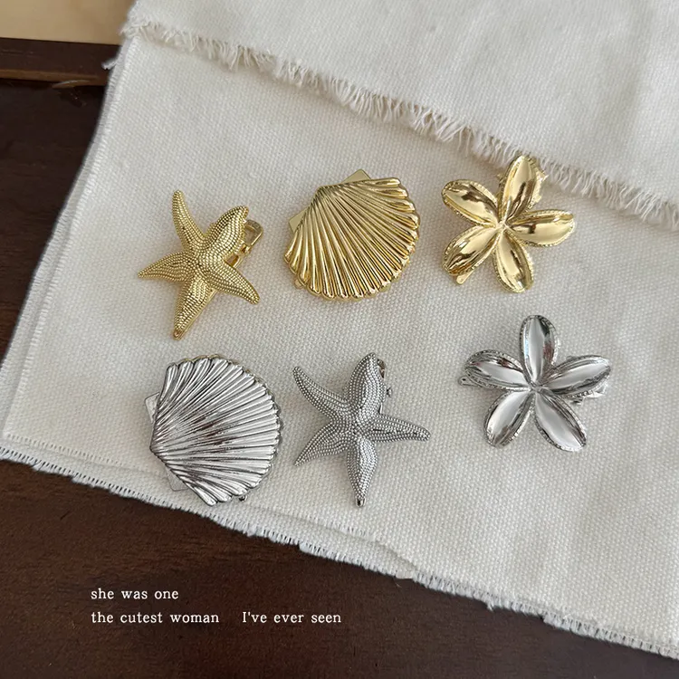 度假风贝壳海星金属发夹女2025新款高端花朵鸭嘴夹发卡侧边刘海夹