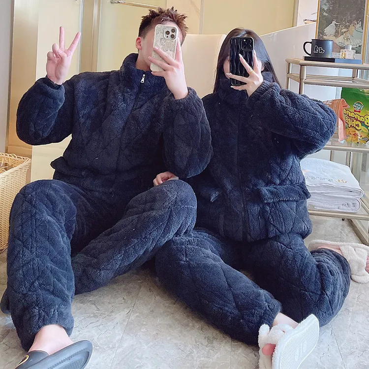 立领拉链情侣睡衣男女士法兰绒加厚加绒三层冬季保暖珊瑚绒家居服