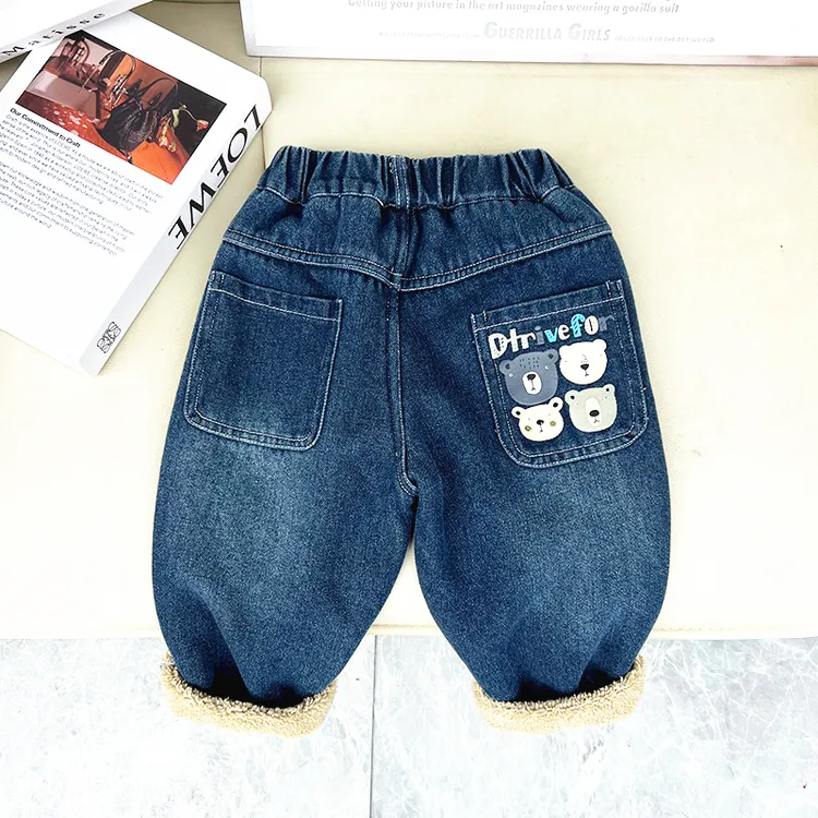 儿童加绒牛仔裤新款男童韩版冬装中小童洋气冬季卡通加厚休闲长裤