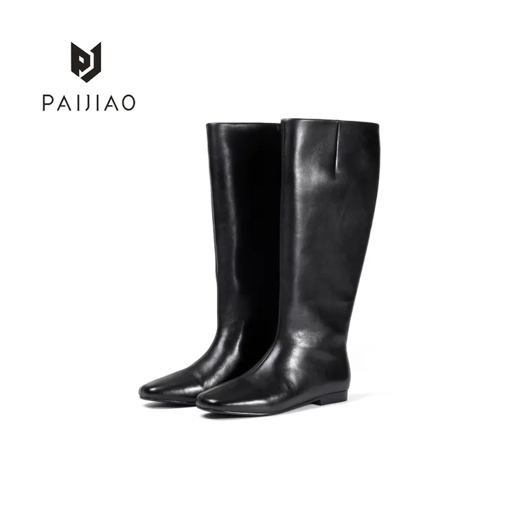 法式极简羊皮中缝方头一脚蹬低跟百搭气质长靴时尚瘦瘦靴XC1110-6