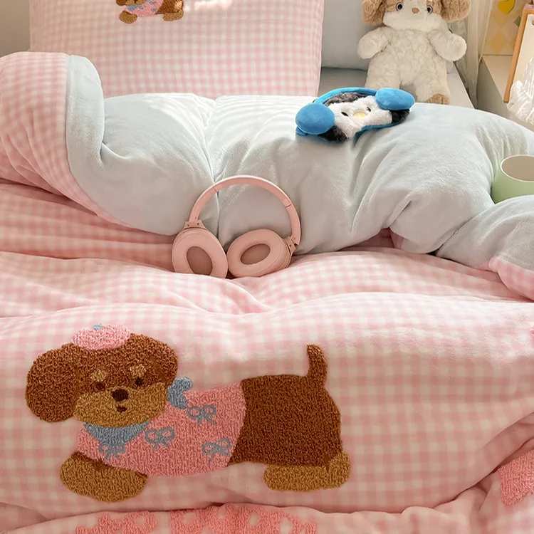 加厚牛奶绒毛巾绣被套四件套学生宿舍冬季加绒床单被罩床品三件套