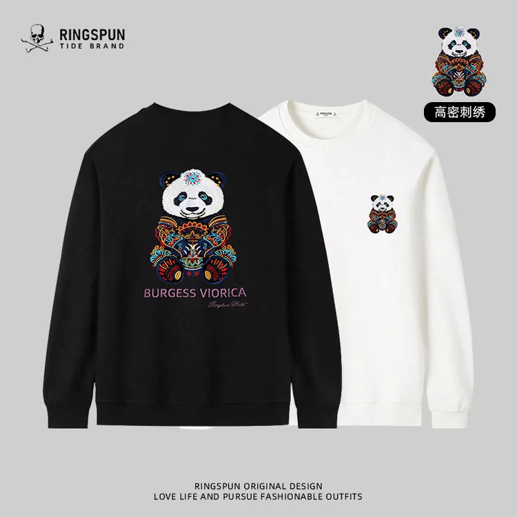 RINGSPUN【七彩熊猫】重工刺绣卫衣男女同款秋冬新款百搭圆领上衣男