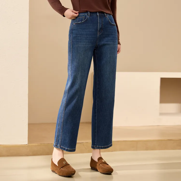 【九分法棍裤】纤莉秀大码女装流光风极简松紧后腰直筒牛仔裤QK3853