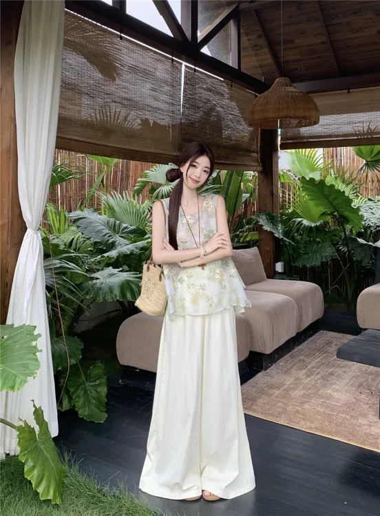 新中式禅意风刺绣碎花背心上衣高腰阔腿休闲裤女2025夏季新款套装