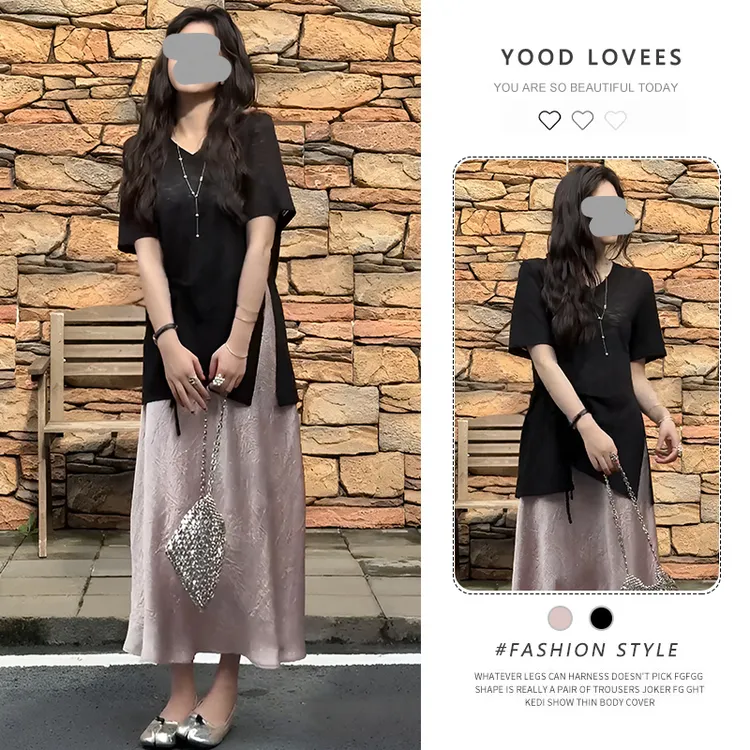 简约设计感不规则开叉短袖T恤2025夏季新款高腰A字半身裙两件套女