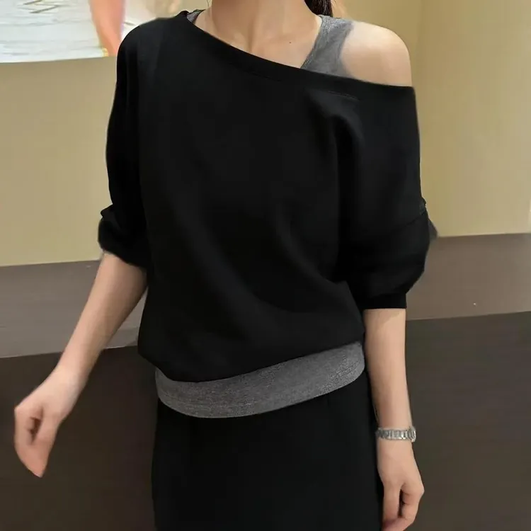 2025春秋新款女士黑色假两件斜肩设计上衣胖mm宽松显瘦长袖针织衫