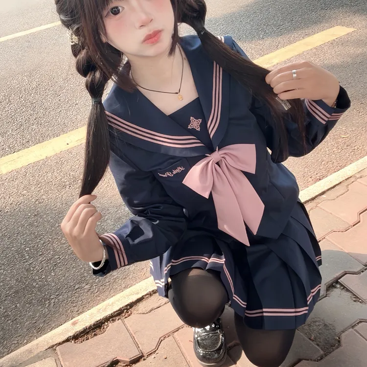 凌兰私立原创春夏粉色显瘦穿搭绀粉水手服长短袖校供襟线百褶裙