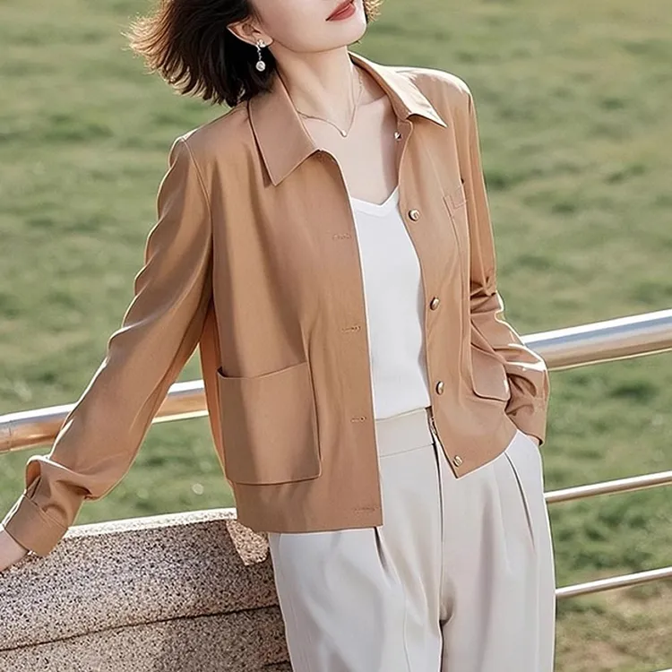 妈妈高级感休闲外套女春秋新款2025洋气减龄时尚宽松翻领长袖上衣