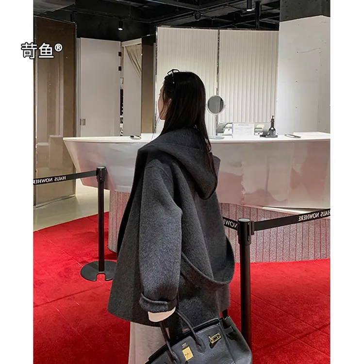 苛鱼深灰色双面羊绒呢子大衣女2025新款韩系短款连帽毛呢外套女冬