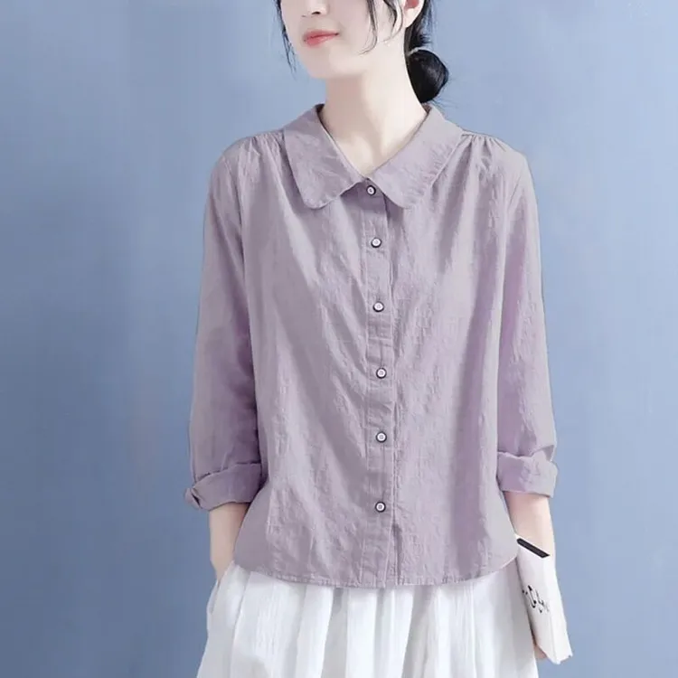 2025年衬衫女春秋新款文艺复古娃娃领提花休闲宽松长袖中国风上衣