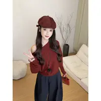 （6-8运贴）设计感灯笼袖一字领针织衫秋季慵懒感斜肩显瘦长袖毛衣