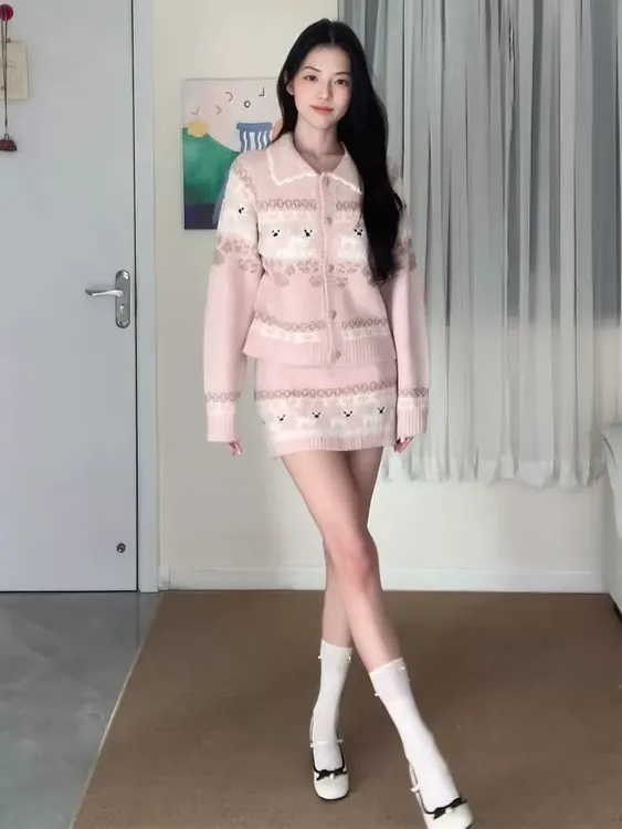 2025年冬季新款甜美慵懒风气质套装休闲针织上衣高腰半身裙两件套