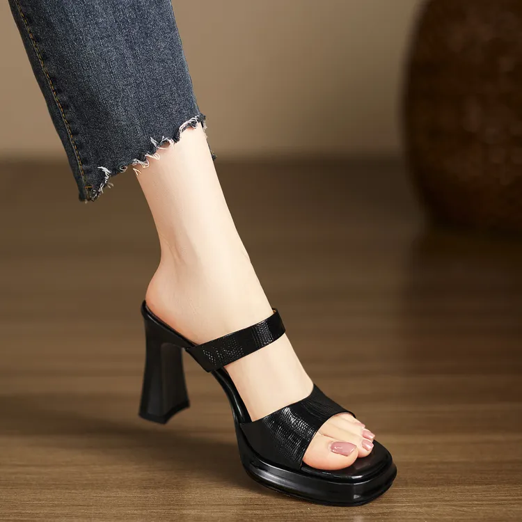 小个子手工女鞋9cm～外穿拖鞋漆皮舒适一字拖女舒适细跟时尚高跟鞋