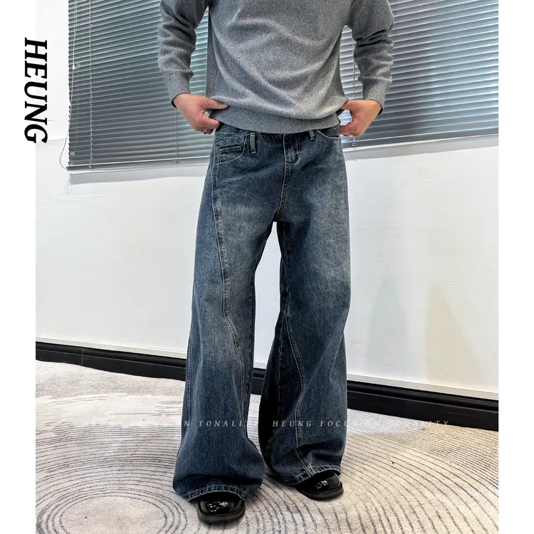 HEUNG 复古美式百搭不对称结构宽松高街休闲设计阔腿潮牌牛仔长裤