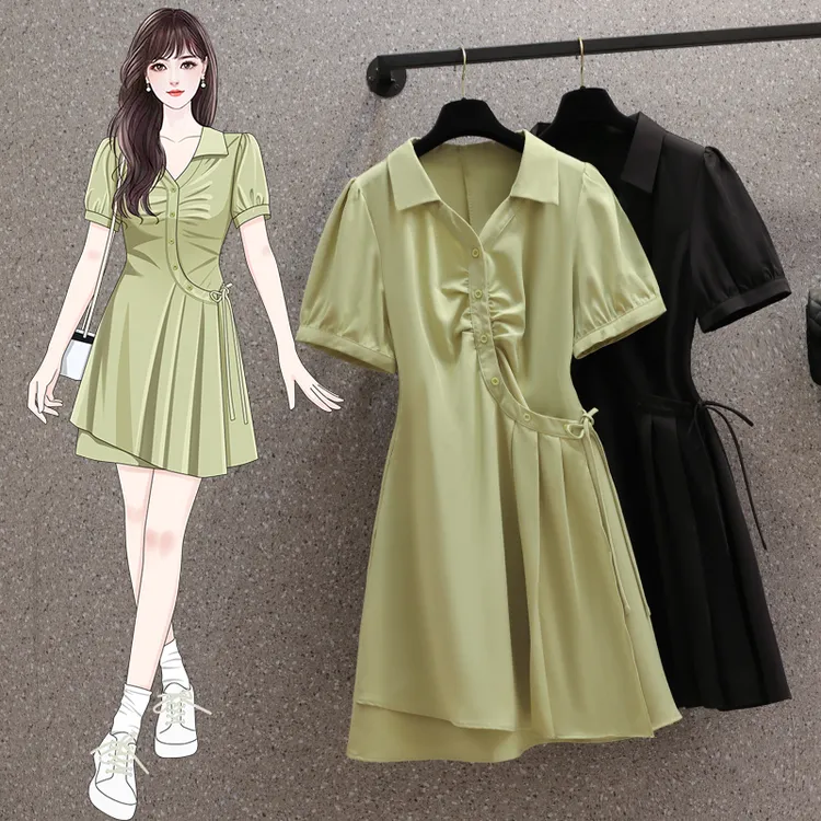 大码女装2025夏季新款胖妹妹简约气质纯色不规则显瘦洋气绑带裙子