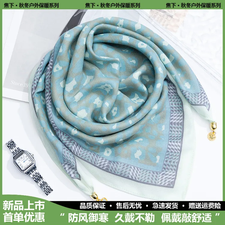 春秋磁吸扣丝巾65人字纹棉麻感小方巾韩系花卉印花护颈小围巾