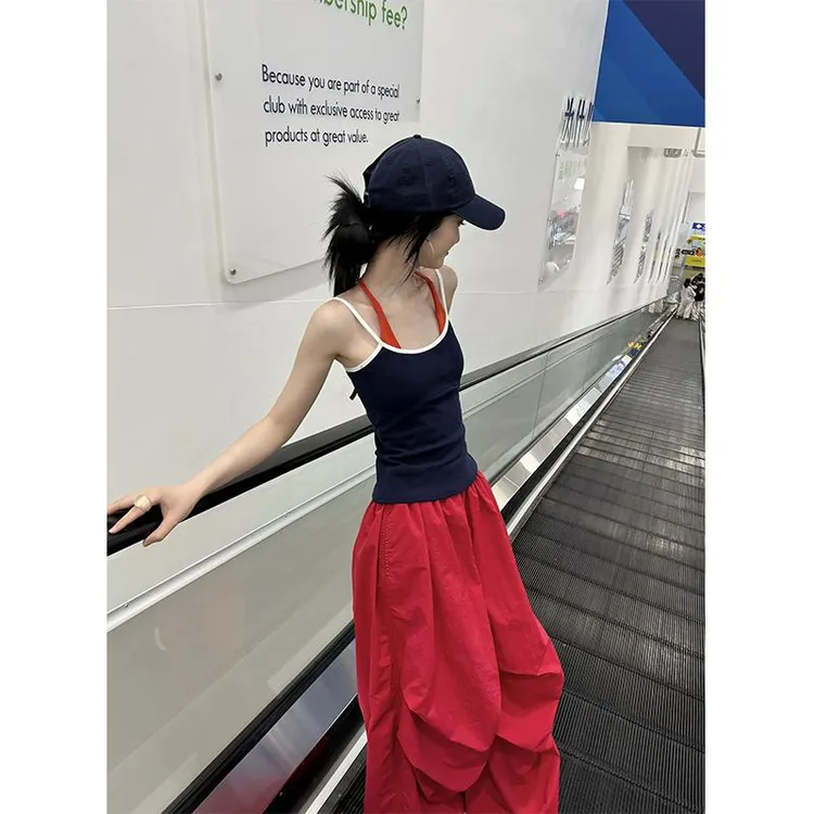 纯欲辣妹绑带挂脖吊带背心内搭女修身显瘦撞色性感无袖假两件上衣