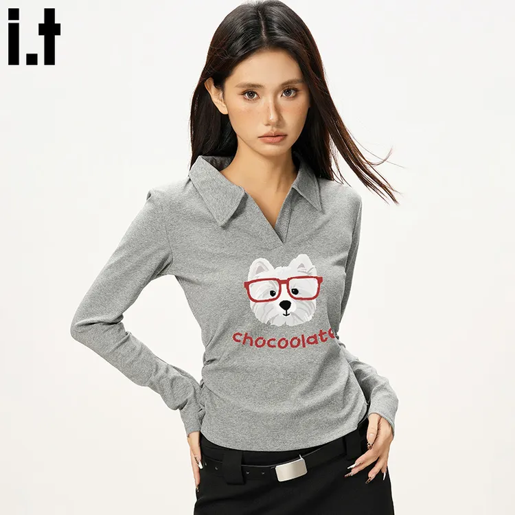 it:CHOCOOLATE灰色POLO衫长袖T恤女秋季2025新款印花小狗显瘦上衣
