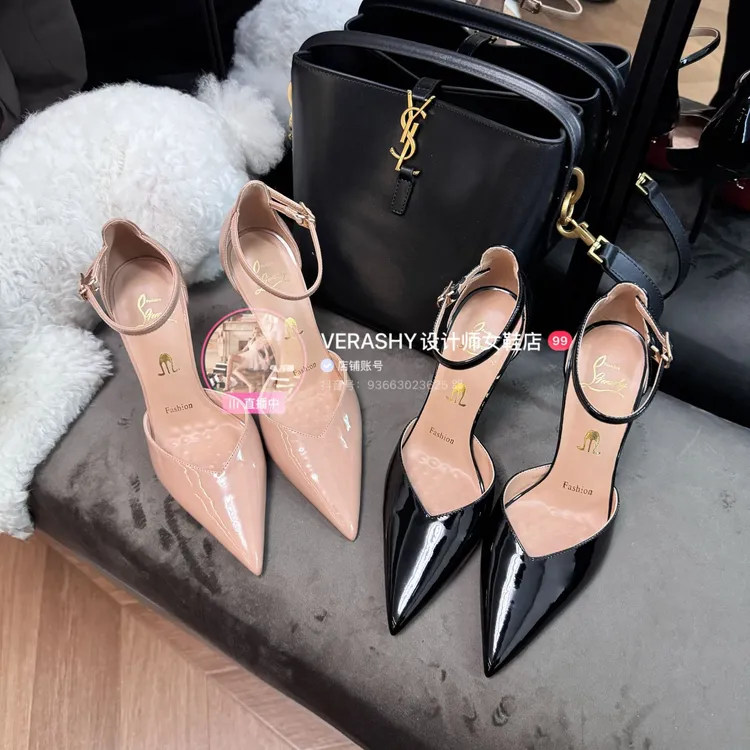 【清仓】法式中空一字带漆皮高跟鞋女细跟尖头浅口性感红底鞋