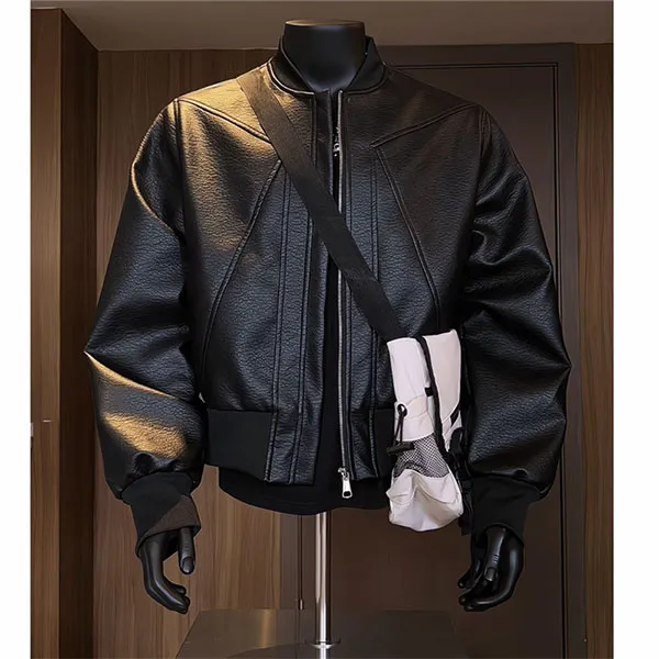 cleanfit黑色皮衣外套男款秋季短款boxy机车皮夹克美式立领棒球服