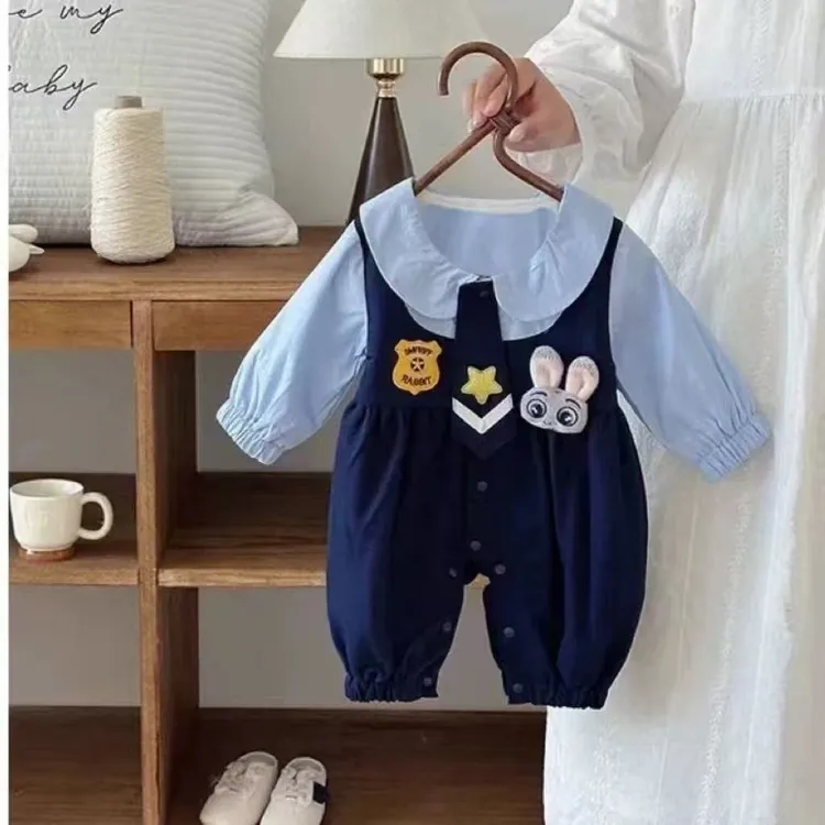 婴幼儿春秋单层假两件小兔女宝宝韩版连体衣