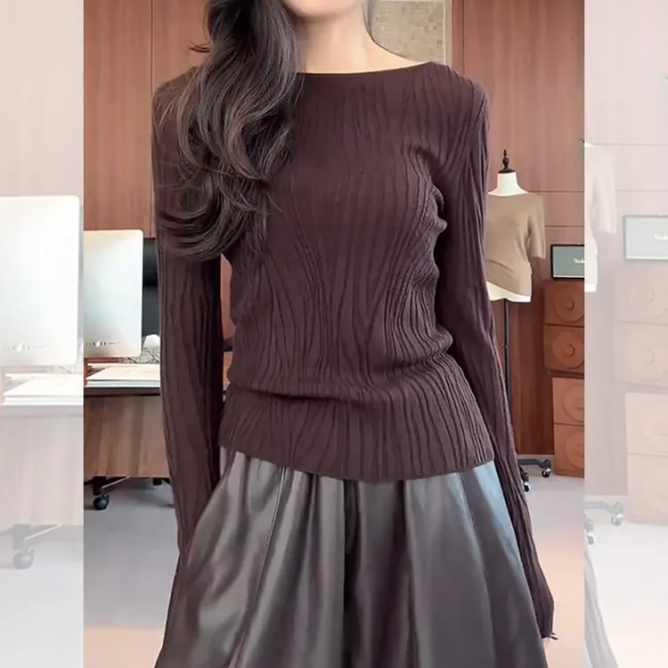 修身显瘦气质打底上衣秋季新款胖MM大码女装时髦水波纹长袖针织衫