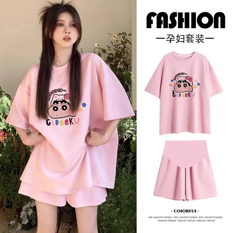 孕妇短裤套装夏季薄款外出时尚慵懒甜美减龄短袖t恤女穿搭两件套