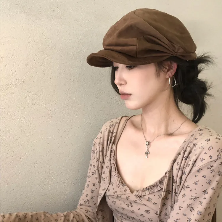 【猫仔kitten】秋冬复古贝雷帽鹿皮绒画家帽美拉德色系报童帽子女