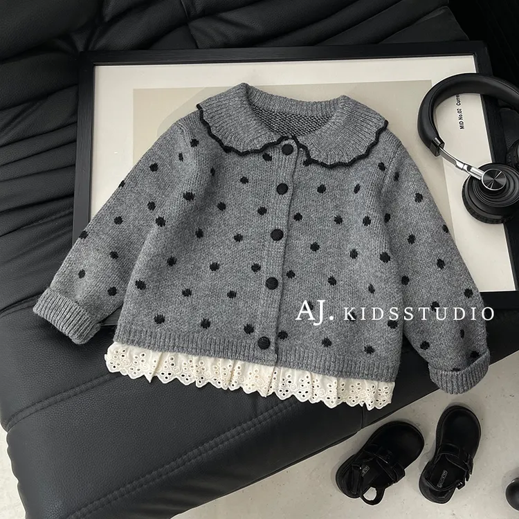 阿卷秋冬装女童韩版蕾丝拼接甜酷风休闲保暖毛衣开衫MPG7202