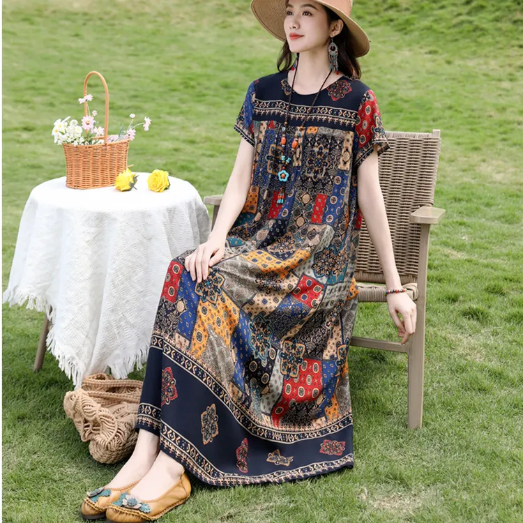 高端洋气夏季新款棉绸睡裙中老年妈妈气质宽松休闲家居服连衣裙