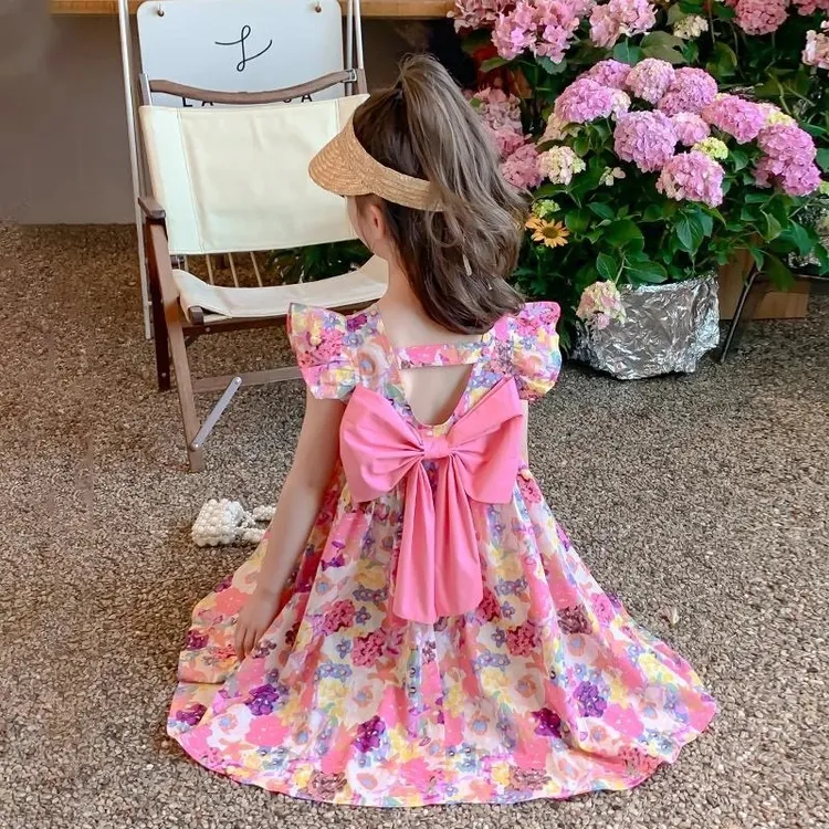 女童碎花连衣裙2025夏装新款儿童洋气蝴蝶结裙韩版中大童公主裙子