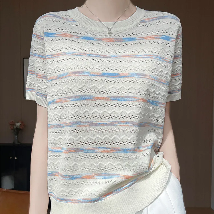 哥弟阿玛施官方法式彩虹条纹镂空短袖针织衫显瘦减龄套头T恤上衣