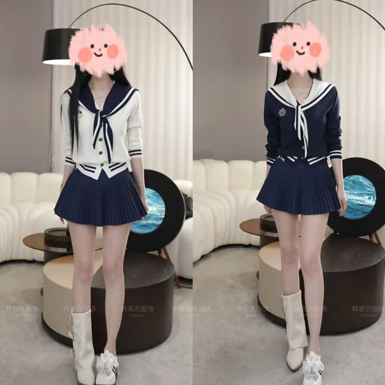 早秋新款学院风海军领撞色上衣（配披肩）高腰百褶裙两件套