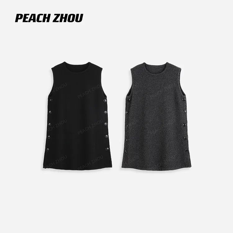 『PEACHZHOU』羊毛混纺针织侧缝排扣宽松圆领毛织无袖背心连衣裙