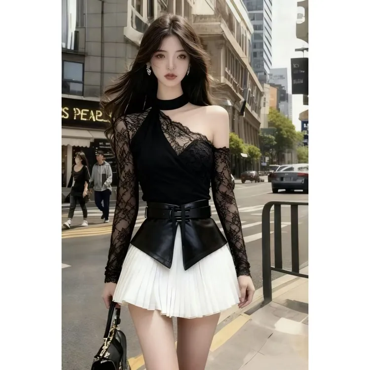 秋冬日常通勤风黑色蕾丝斜领露肩设计感上衣+白色百褶半身裙套装