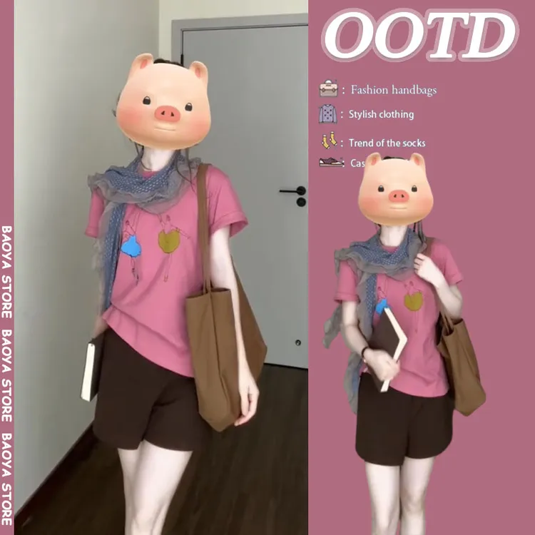 夏季穿搭一整套2025新款艺术感印花短袖t恤休闲百搭短裤两件套装