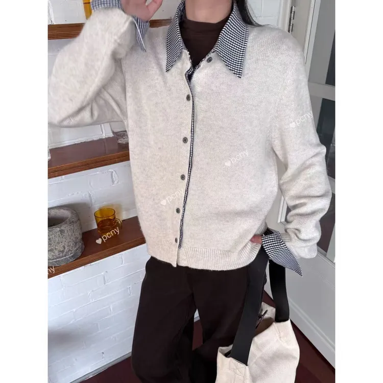 PCNY「拼贴诗稿」不理理冬季新款小众女装时尚格纹翻领针织开衫
