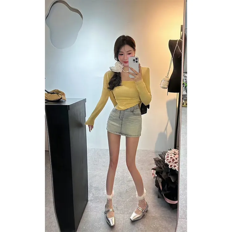 辣妹性感风抹胸开衫两件套上衣女显瘦不规则内搭上衣热辣短裙套装