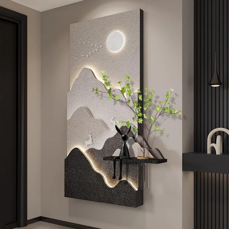 现代轻奢玄关装饰画背有靠山立体砂岩走廊过道挂画高级感入户壁画